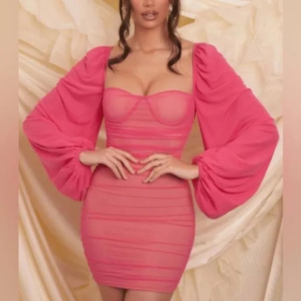 Oh Polly Pink Mesh Mini Dress with Statement Balloon Sleeves